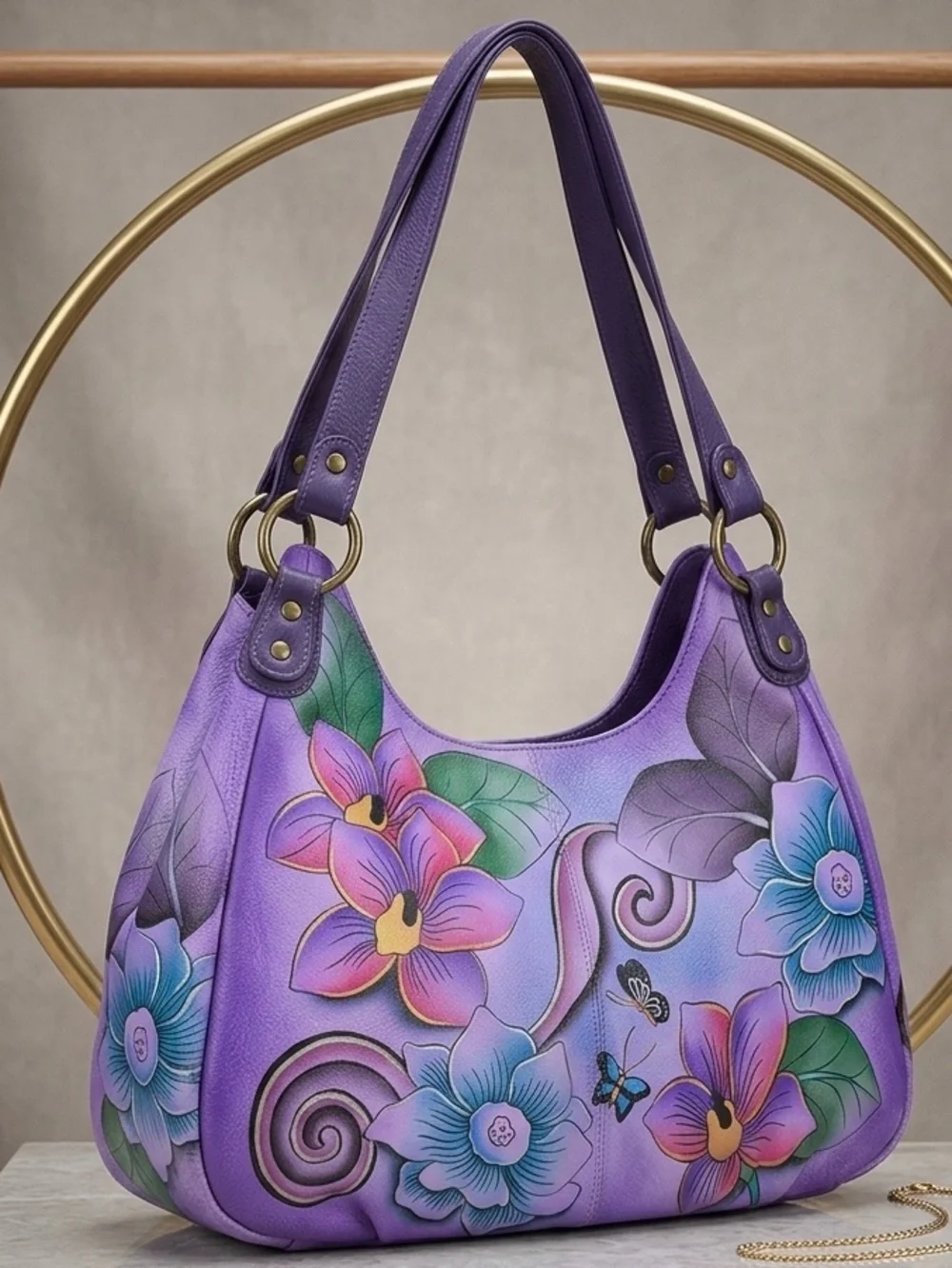 ANUSCHIKA India Purple Leather Floral‎ Triple Compartment Large Satchel Bag
